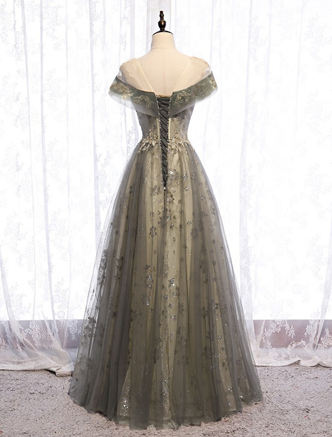 Wholesale A-Line Evening Gown Floral Dress Wedding Guest Engagement Floor Length Short Sleeve Illusion Neck Tulle with Pleats